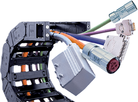 Módulos de fornecimento de energia prontos para conexão, esteiras porta cabos, cabos e conectores industriais