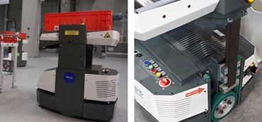 DTS (sistema de transporte sem condutor) da Knapp com eixos de correias dentadas drylin® ZLW na plataforma de elevação