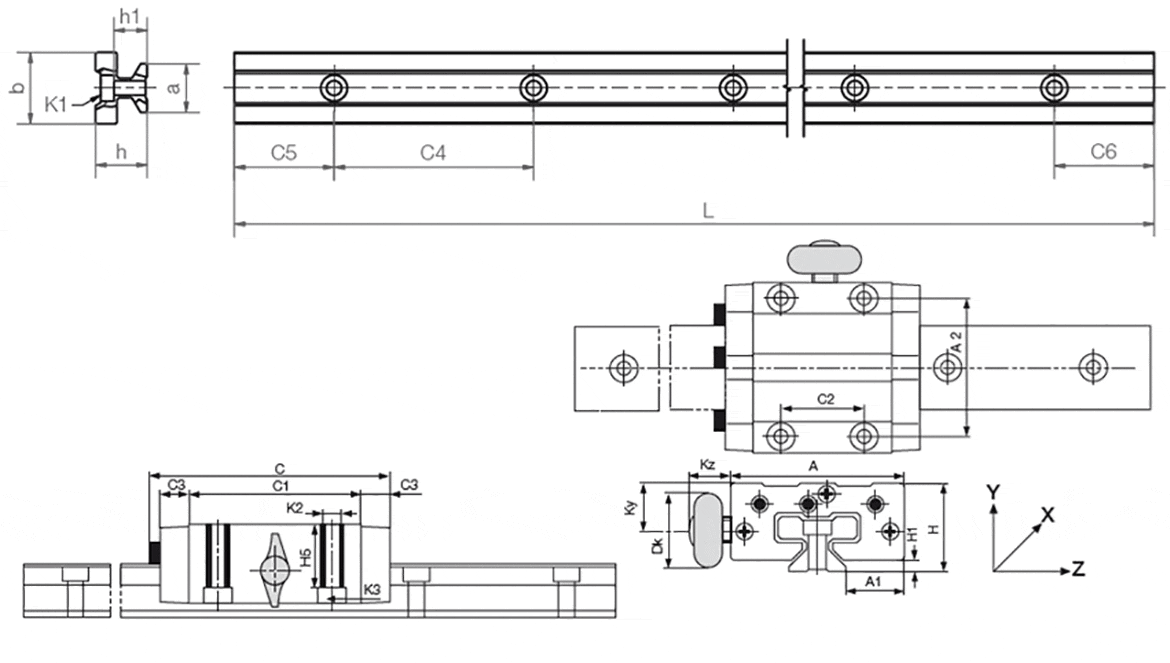 Desenho do sistema DryLin® T com fixação manual